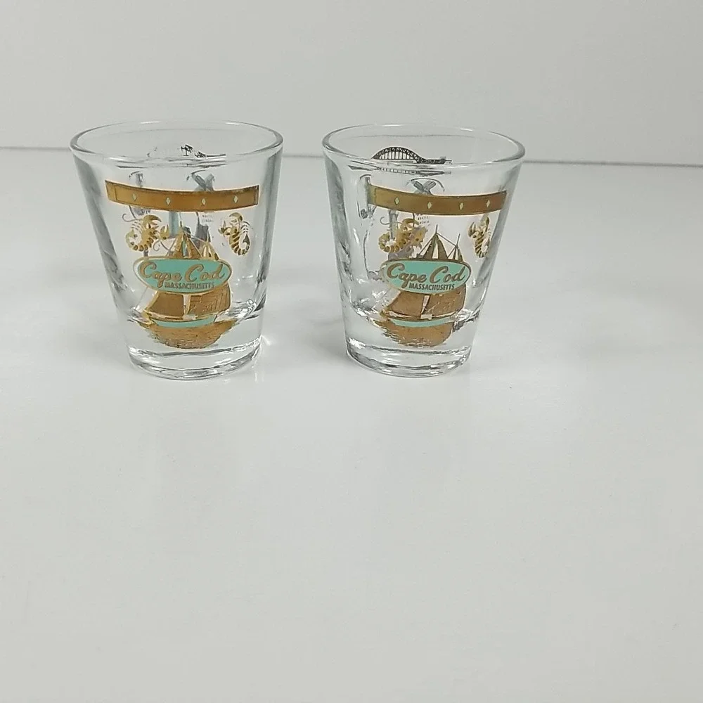 Set Of Vintage MCM Cape Cod Souvenir Shot Glasse Gold Turquoise